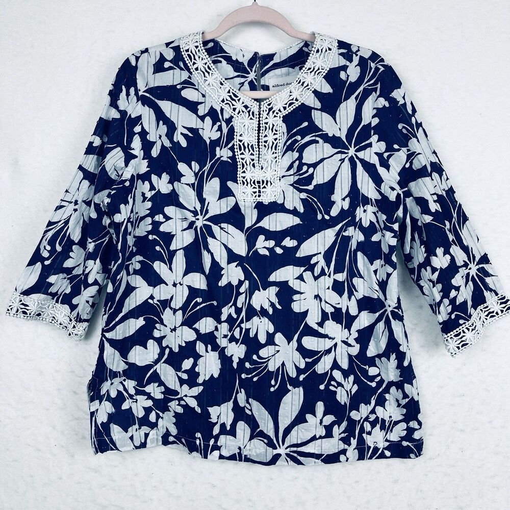 Alfred Dunmer Tunic Top Women’s SZ 14P Blue White Embroidered Collar Boho Chic